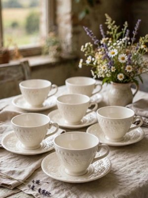 Cinq tasses à thé et soucoupes « Tasses à Thé » de la marque Wedgewood, blanches et gaufrées, posées sur une nappe en lin. Brocante 93