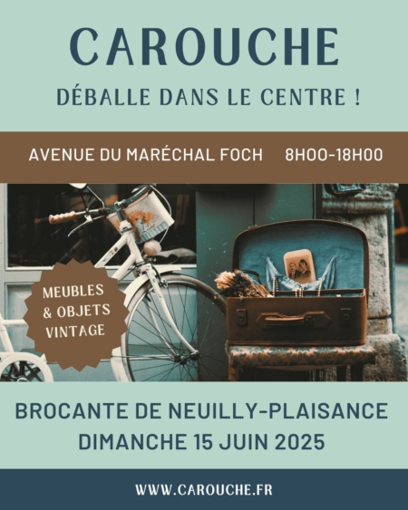 Affiche pour le marché vintage "Carouche déballe !!", avec une illustration de vélo et de chaise, plus les détails de l'événement en français pour le 15 juin 2025. Brocante 93