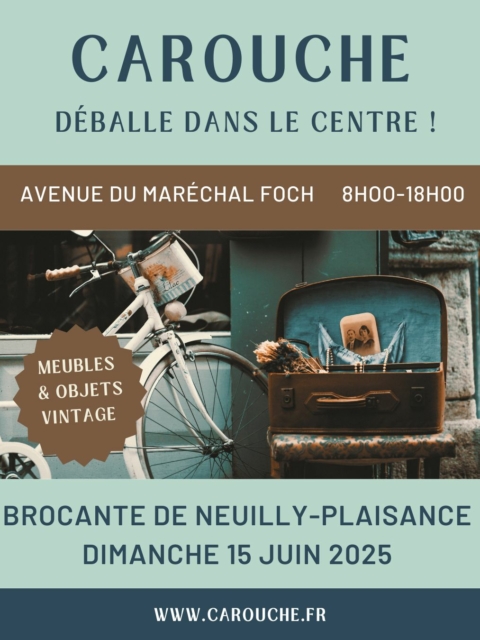 Affiche pour le marché vintage "Carouche déballe !!", avec une illustration de vélo et de chaise, plus les détails de l'événement en français pour le 15 juin 2025. Brocante 93