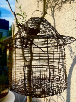 Une Cage déco jardin suspendue à l'extérieur contre un mur ensoleillé, avec une branche à l'intérieur, ce qui ajoute une charmante décoration extérieure à la scène. Brocante 93