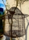 Une Cage déco jardin suspendue à l'extérieur contre un mur ensoleillé, avec une branche à l'intérieur, ce qui ajoute une charmante décoration extérieure à la scène. Brocante 93