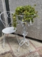 Chaise en fer forgé blanc et support de plantes assorti avec du lierre dans un pot, sur un patio en pierre près d'un mur texturé. Brocante 93