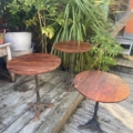 Trois tables rondes en bois Guéridon de bistrot 1950 avec piétements métalliques reposent sur une terrasse en bois, au charme vintage et entourées de plantes vertes luxuriantes. Brocante 93
