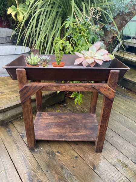 Un support de plantes en bois contient plusieurs petites plantes succulentes en pot sur une terrasse en bois mouillée avec de la verdure en arrière-plan. Brocante 93