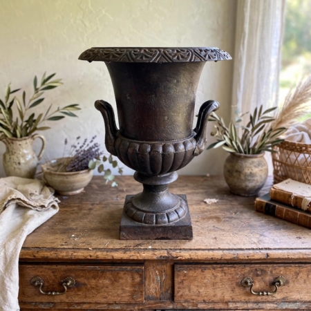 Vase Médicis du XXe siècle : une urne en métal foncé, au bord évasé et à la base carrée. Brocante 93