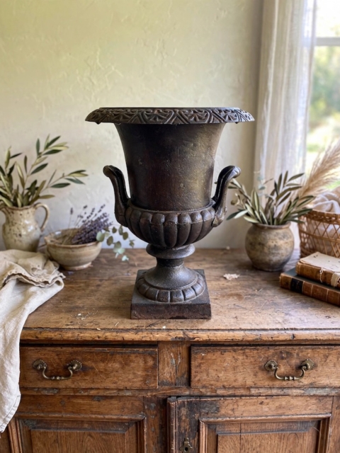 Vase Médicis du XXe siècle : une urne en métal foncé, au bord évasé et à la base carrée. Brocante 93