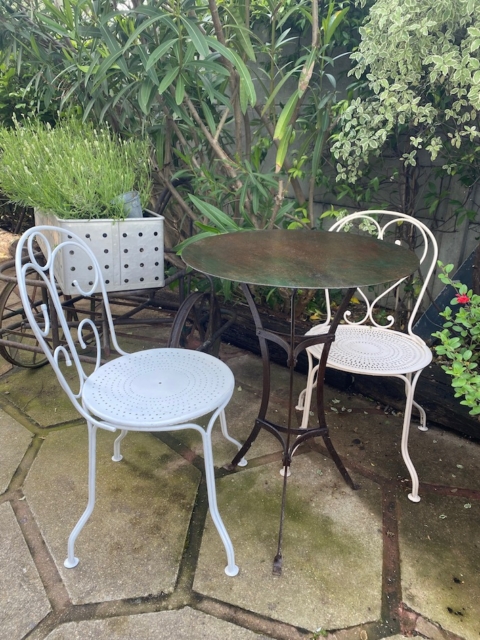 Deux chaises Guéridon en métal 1950 et une table ronde assortie sont disposées sur une terrasse en pierre, entourée de plantes et d'arbustes verdoyants. Brocante 93