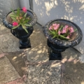 A Paire de vases Médicis XXème siècle, noirs, ornés de fleurs roses, posée sur une terrasse en pierre, baignée de soleil tamisé et d'ombres douces. Brocante 93