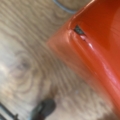 Gros plan sur une table basse des années 1970 au fini orange, présentant un coin ébréché et des dommages visibles sur la surface en bois, ce qui met en évidence l'usure de cette pièce vintage. Brocante 93