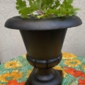 Vase Médicis du XXe siècle, de couleur noire, orné d'une plante aux feuilles vertes et posé sur une table d'extérieur aux motifs floraux éclatants, qui met en valeur l'élégance du design du XXe siècle. Brocante 93