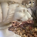 Gros plan sur une sculpture en pierre blanche représentant une tête de lion posée sur un socle, qui fait écho à la grandeur du « Vasque Médicis XXe siècle » et est entourée de feuilles mortes. La composition évoque l’ornementation classique des jardins, reflétant avec subtilité les lignes élégantes caractéristiques de cette œuvre célèbre. Brocante 93