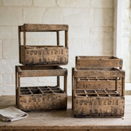 Trois « Caisses de brasserie » vintage datant des années 1950, patinées par le temps, empilées sur une table en bois. Brocante 93