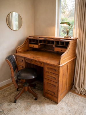 Bureau américain à cylindre de 1930, accompagné d'un fauteuil pivotant assorti et d'une lampe de bureau verte. Brocante 93