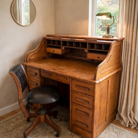 Bureau américain à cylindre de 1930, accompagné d'un fauteuil pivotant assorti et d'une lampe de bureau verte. Brocante 93