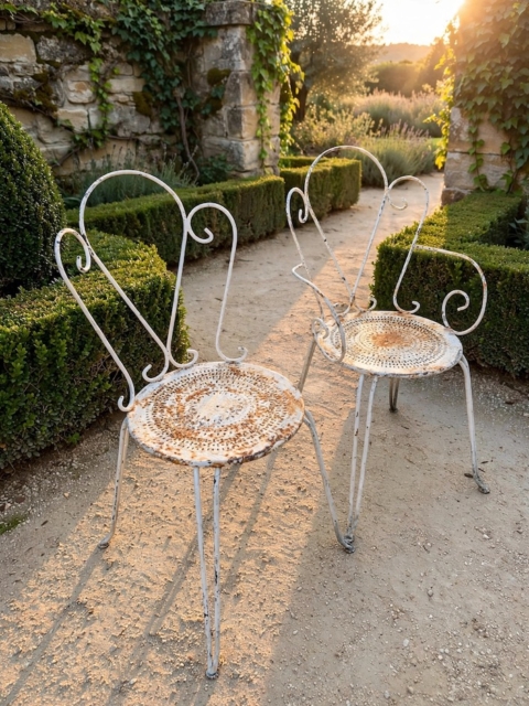 Deux chaises en fer forgé de 1950, en métal blanc, avec des dossiers en forme de cœur, disposées le long d'une allée de jardin. Brocante 93