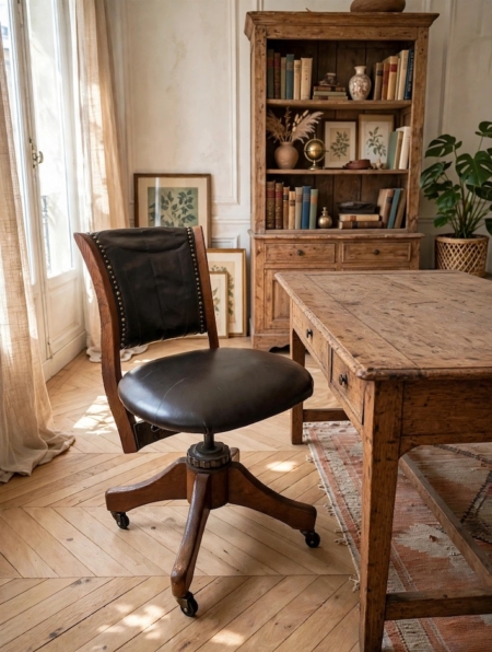 Fauteuil de bureau américain des années 1930 : fauteuil de bureau en cuir foncé, doté d'un piètement pivotant en bois et de roulettes. Brocante 93