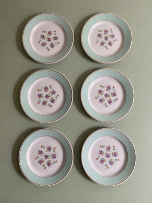 Six assiettes à dessert 150, avec des bords vert clair et des motifs floraux. Brocante 93