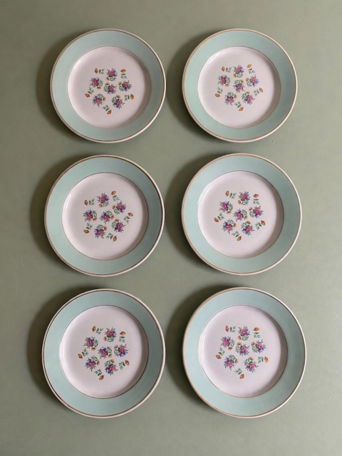 Six assiettes à dessert 150, avec des bords vert clair et des motifs floraux. Brocante 93