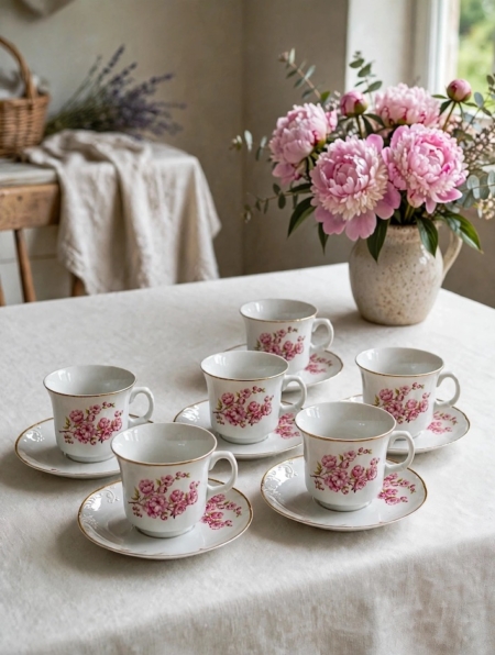 Cinq tasses à café vintage de 1960, en porcelaine blanche, avec des motifs floraux roses. Brocante 93