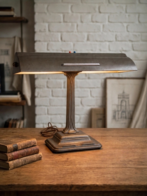 Lampe de bureau américaine vintage en métal des années 1940, dotée d'un abat-jour rectangulaire et d'une colonne centrale. Brocante 93