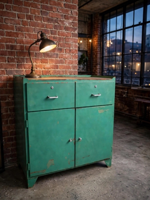 Meuble de garage industriel des années 1960 : armoire métallique verte avec deux tiroirs, deux portes et une lampe. Brocante 93