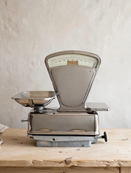 Balance de commerçant de 1950, équipée d'un cadran de mesure, posée sur une table en bois. Brocante 93