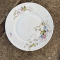 Assiettes plates vintage de 1950, blanches, ornées d'un motif floral en forme de vigne. Brocante 93