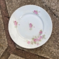 Assiettes plates vintage de 1950, en céramique blanche, ornées de bouquets de roses roses. Brocante 93